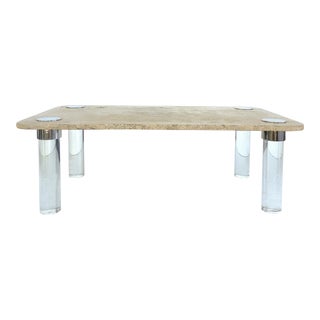 Karl Springer Travertine, Chrome & Lucite Coffee Table For Sale
