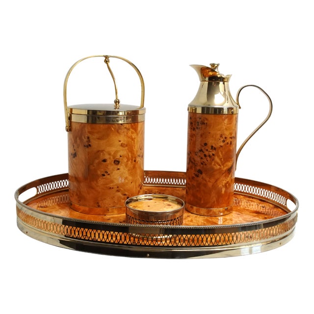Italian Walnut Serving Set Including Tray, Ice Bucket, Thermos and Coasters, 1970s, Set of 4 For Sale