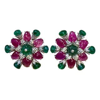 Tutti Frutti Earrings/ Natural Emerald Rubellite Earrings/ Carving Leaf 18 KWG For Sale