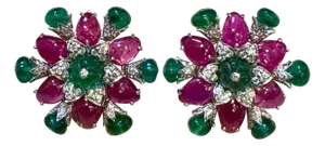 Tutti Frutti Earrings/ Natural Emerald Rubellite Earrings/ Carving Leaf 18 KWG