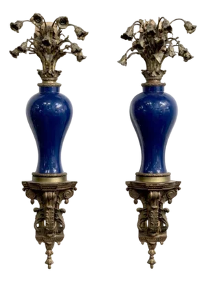 Pair Monumental French Ormolu Kangxi Powder Blue Wall Lights, Waldorf Astoria