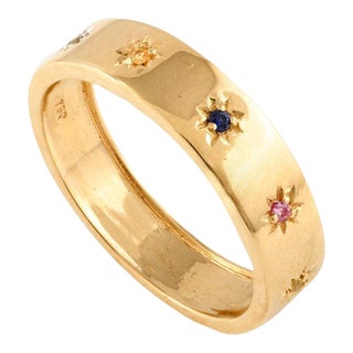 Starburst Multi Sapphire Studded Band Ring in 18k Solid Yellow Gold Size 10.5 For Sale