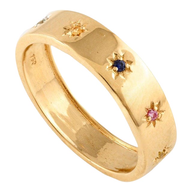 Starburst Multi Sapphire Studded Band Ring in 18k Solid Yellow Gold Size 10.5 For Sale