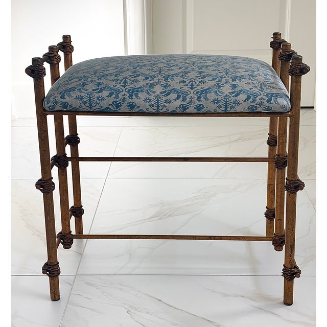 Vintage Gilt Rope Metal Vanity Stool in Fortuny Richelieu Fabric For Sale - Image 10 of 18