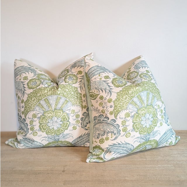 Transitional Schumacher Calicut Pillows in Leaf- Pair For Sale - Image 3 of 6