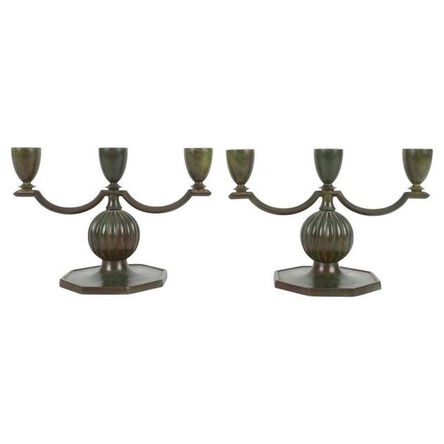 Black Swedish Bronze Candelabras attributed to Jacob Ängman for GAB, 1930s, Set of 2 For Sale - Image 8 of 8