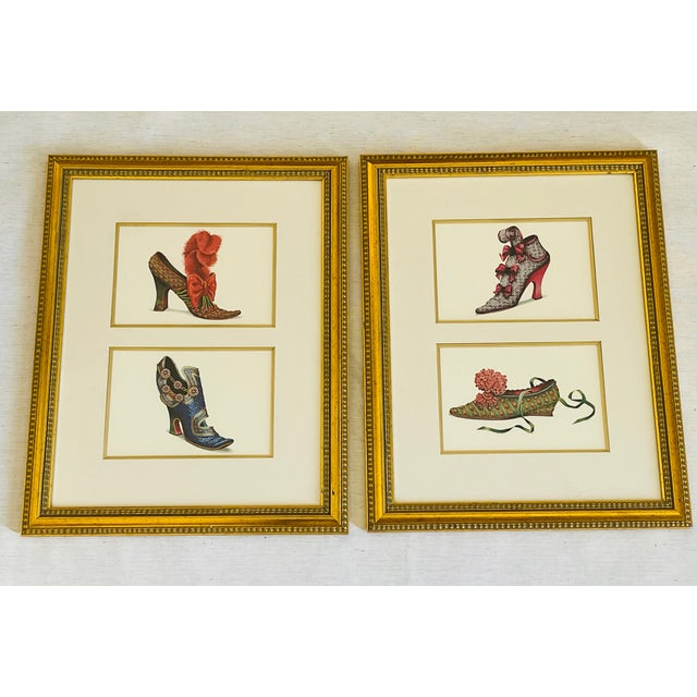 1960s Vintage Antique Chromolithographs in Gold Frames Marie Antoinette Fashion Shoes - A Pair For Sale - Image 5 of 8