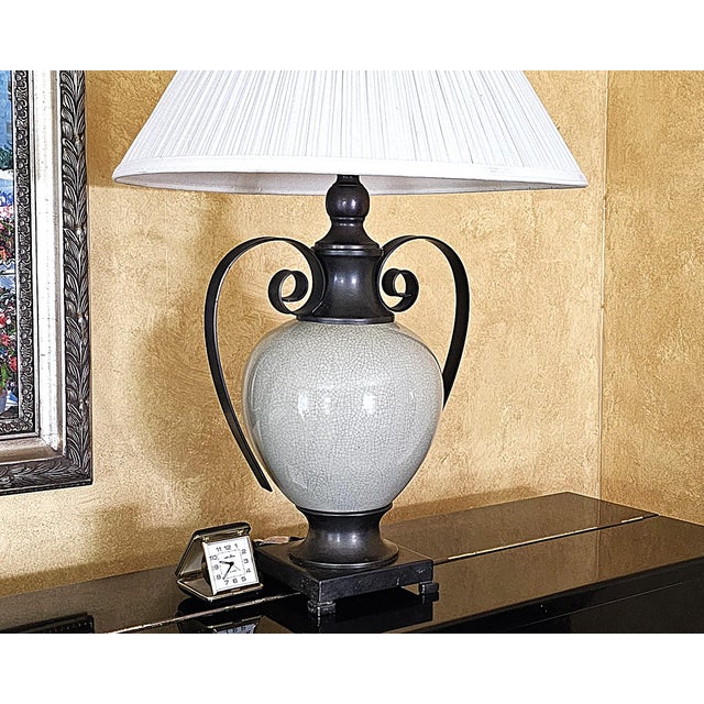 Ashley Gavivi Style Crackle-Glaze Ceramic Urn & Bronze Scroll Table Lamp For Sale - Image 15 of 18