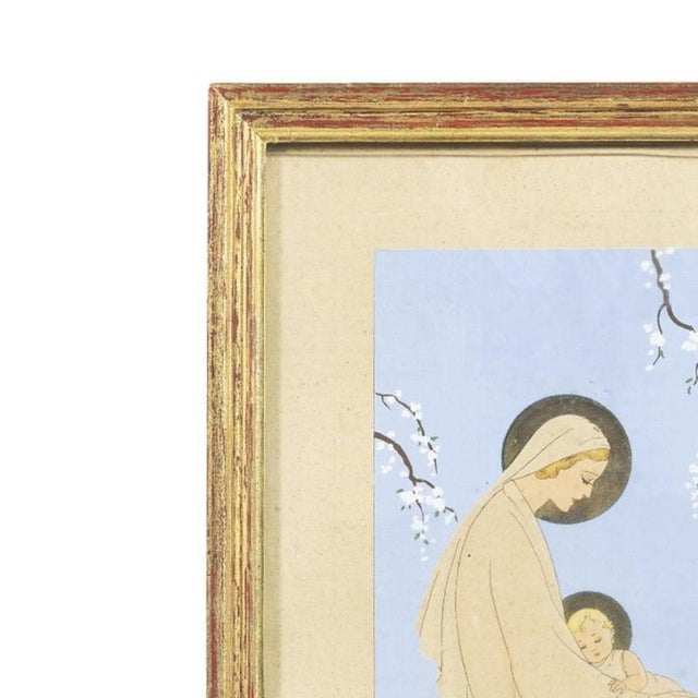 Sacred Art - Engraving - Giovanni Meschini (1888-1977). "Our Lady with the Child Jesus and Angel". Colored engraving on...