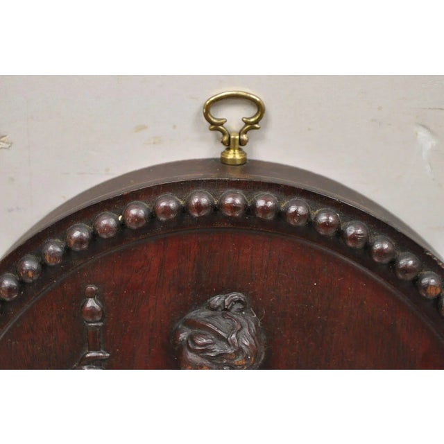 Brown Antique 1900s Oval Carved Mahogany Figural Goddess Wall Sculpture Plaque For Sale - Image 8 of 11