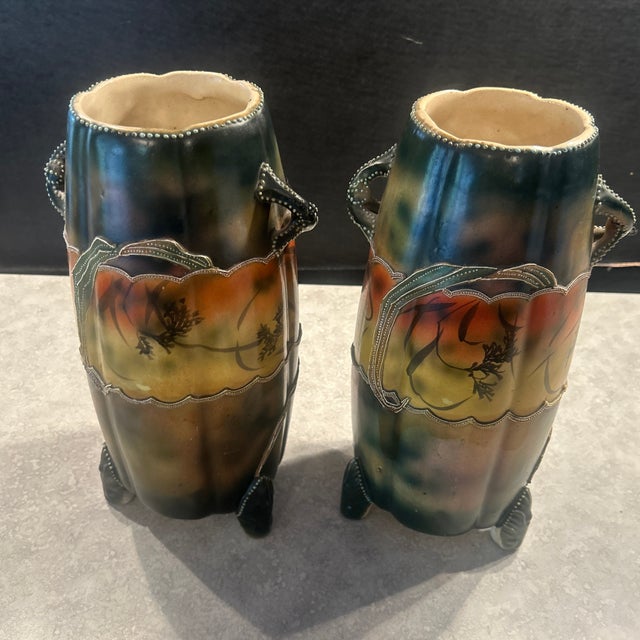 Ceramic Pair of Antique Nippon Moriage Vases For Sale - Image 7 of 10