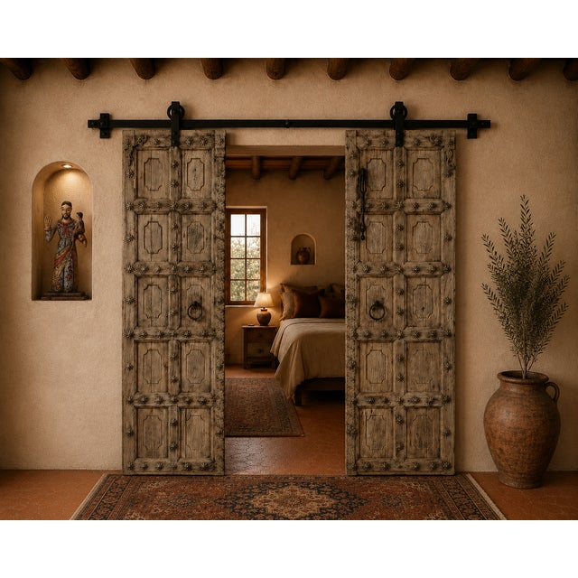 This Antique Indian Carved Teakwood Door, c. 1880–1900, has been carefully bleached to reveal the intricate carvings while...