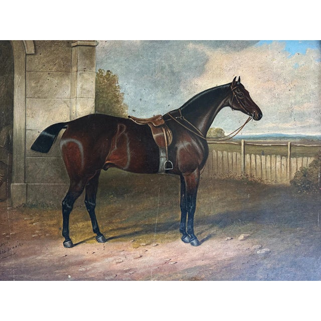 Here is a classic antique British sporting painting of a bay hunter horse in a paddock setting, circa mid- to late 1800s....