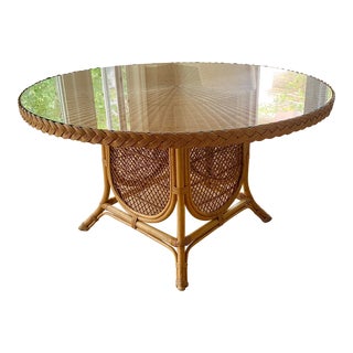 Vintage Wicker and Glass Dining Table For Sale