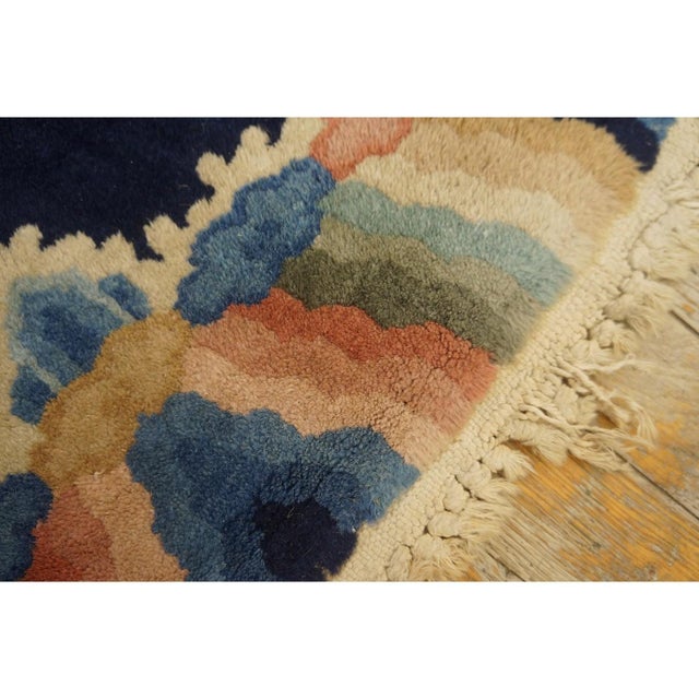 Textile Small Navy Geometric Antique Chinese Peking Carpet Knotted Wool Rug 1'7'' X 2' For Sale - Image 7 of 9