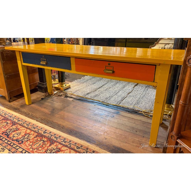 Vintage Large School or Lab Table , or Desk, With Painted Bright Yellow With Blue and Orange Drawers For Sale - Image 10 of 12