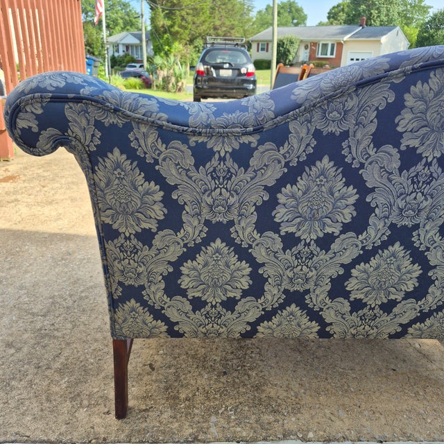 Wood Mid-20th Century Blue Damask Camelback Settee Loveseat Petite Sofa Rolled Arms Nailhead Trim For Sale - Image 7 of 16