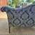 Wood Mid-20th Century Blue Damask Camelback Settee Loveseat Petite Sofa Rolled Arms Nailhead Trim For Sale - Image 7 of 16