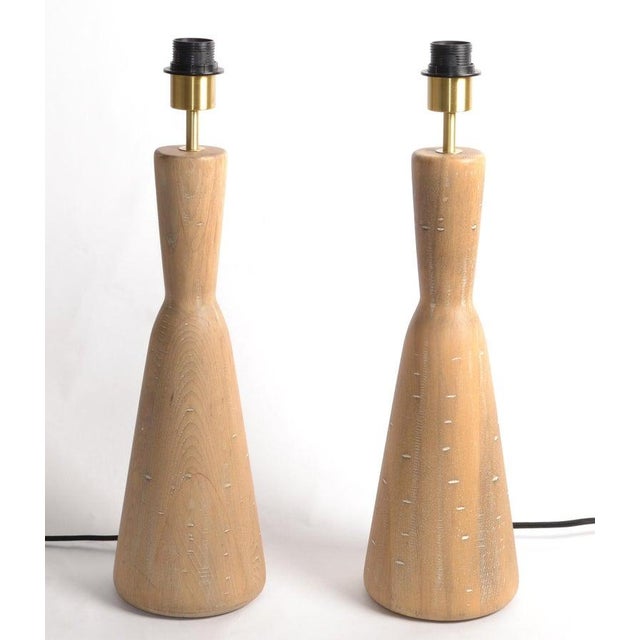 Vintage Natural Tapered Solid Wood Brass Table Lamps Mid-Century Modern, Pair For Sale - Image 18 of 18