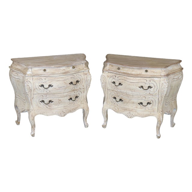 Pair of Country French Style Distressed Paint Decorated 3 Drawer Night Stands For Sale
