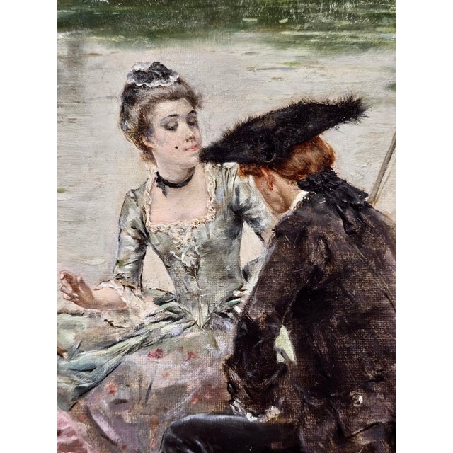 Leon Moran—Elegant Figures Fishing on the Water-19th-Century American Romantic Oil Painting For Sale - Image 9 of 14
