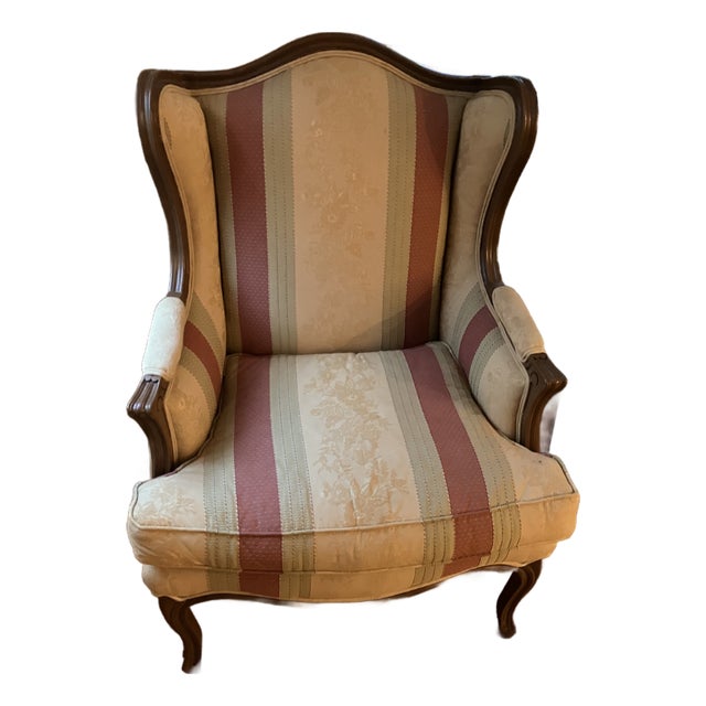 Late 20th Century Bergere Walnut Trim Accent Chair For Sale