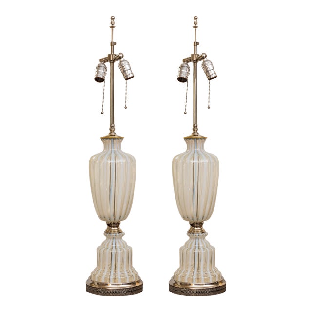 Pair of Mid 20th Century Italian White and Clear Glass Murano Style Lamps For Sale