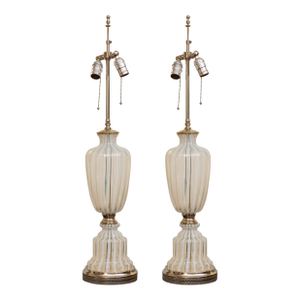 Pair of Mid 20th Century Italian White and Clear Glass Murano Style Lamps