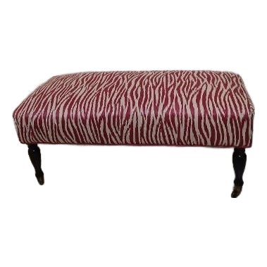 1980s Upholstered Zebra Print Ottoman Bench Red and White Pattern Dark Wood Legs For Sale