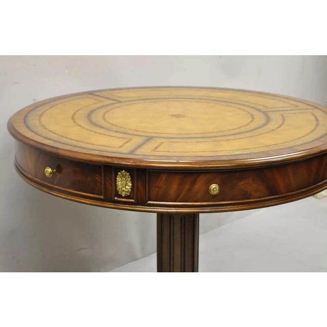 Maitland Smith French Empire Regency Leather Top Brass Feet Center Drum Table For Sale - Image 11 of 12