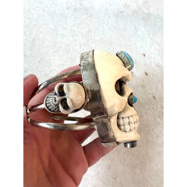 Metal Vintage Silver and Resin Skull Cuff Bracelet For Sale - Image 7 of 7