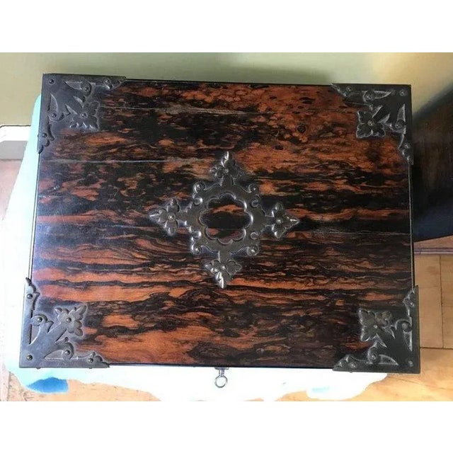Black English Gothic Style Brass-Bound Two-Drawer Cigar Box in Macassar Ebony For Sale - Image 8 of 9