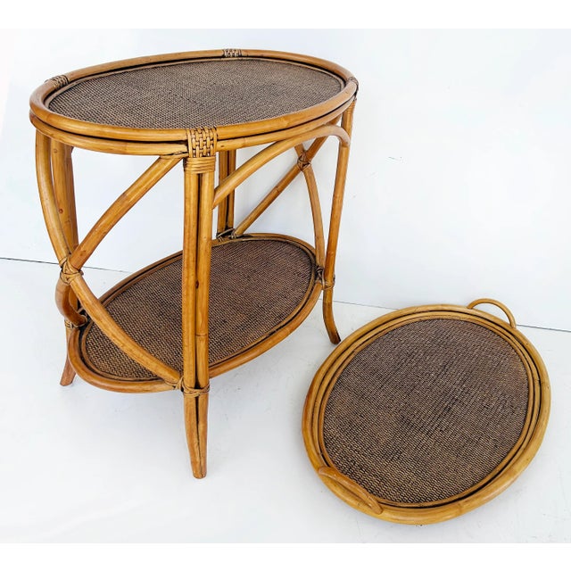 Wood Vintage Rattan Grasscloth Oval Removable Tray Top Table For Sale - Image 7 of 10