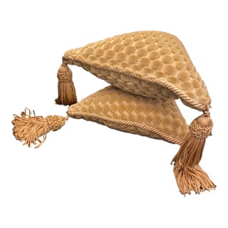Vintage Woven Camel Suede Textured Throw Pillows With Large Tassels - Pair For Sale