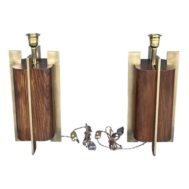 1960s Sculptural Mid-Century Modern Table Lamps in Wood & Brass - a Pair For Sale - Image 9 of 14