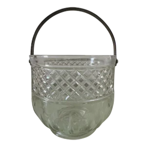 1950s Glass Ice Bucket With Handle + Stainless Tongs- 2 Pieces