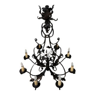 1990s Paul Ferrante Hand-Forged Wrought Iron 8-Arm Chandelier | Botanical Scrollwork | Old Iron Finish For Sale