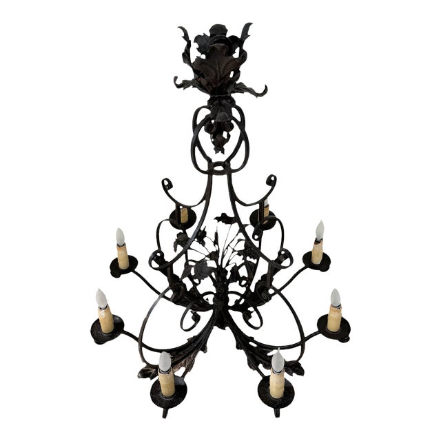 1990s Paul Ferrante Hand-Forged Wrought Iron 8-Arm Chandelier | Botanical Scrollwork | Old Iron Finish For Sale