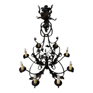 1990s Paul Ferrante Hand-Forged Wrought Iron 8-Arm Chandelier | Botanical Scrollwork | Old Iron Finish
