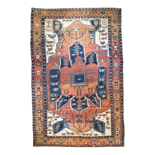Antique Persian Serapi Diamond Textile in Terracotta, Sunset-clay & Indigo - 9.8 X 16 For Sale