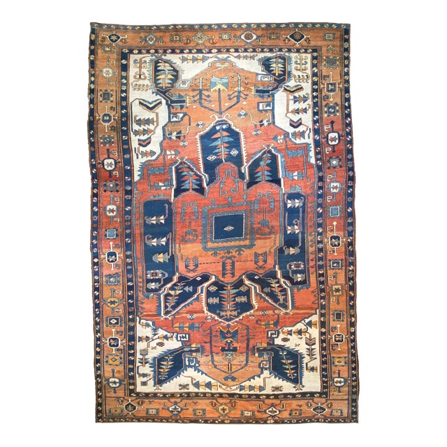 Antique Persian Serapi Diamond Textile in Terracotta, Sunset-clay & Indigo - 9.8 X 16 For Sale
