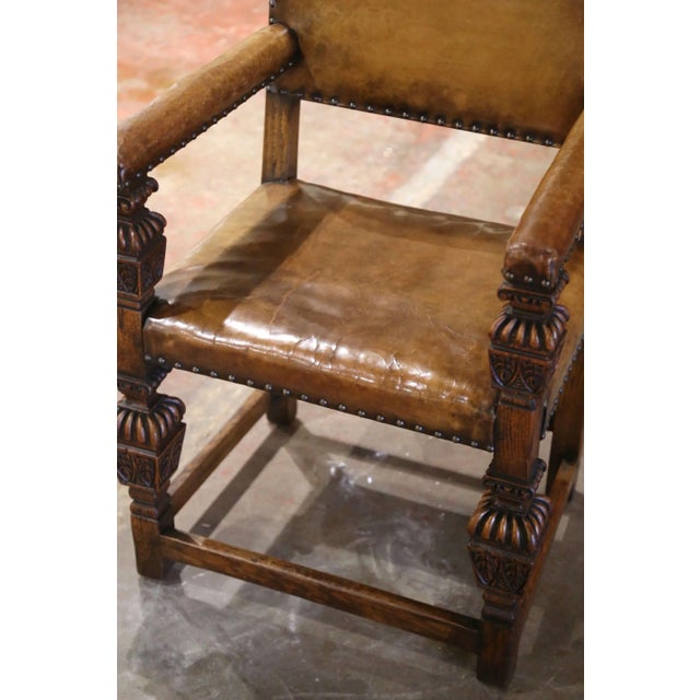 19th Century English Jacobean Oak Dining Chairs With Leather, Set of 8 For Sale - Image 11 of 12