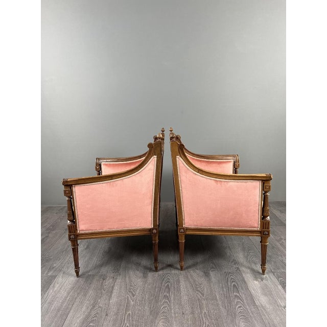 20th Century Louis XVI Bergère Armchairs in Carved Wood and Velvet, Set of 2 For Sale - Image 12 of 13