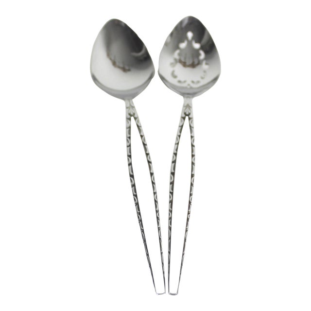 Vintage Venetia Oneida 2 Piece Serving Spoon Set Mid Century Modern Stainless Steel Atomic, Hostess Spoons Black Silver For Sale