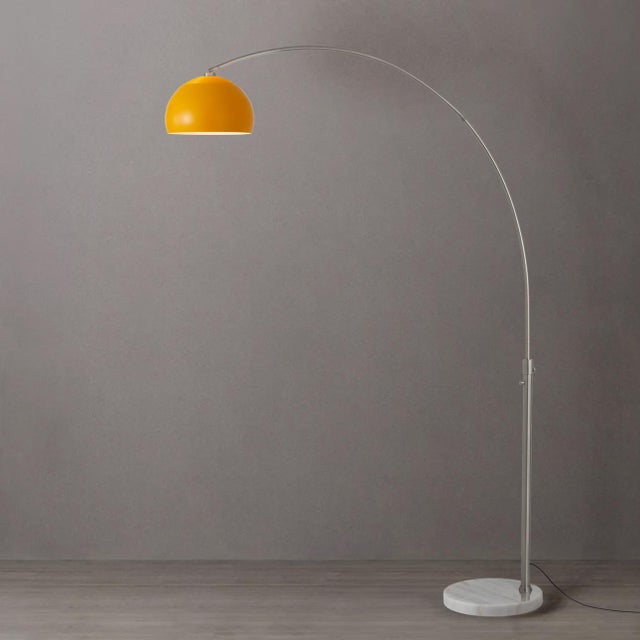 Mid-Century Modern 1960s Adjustable Half Dome Floor Lamp - Mid Century Modern, Satin Nickel, White Marble Base, Mustard For Sale - Image 3 of 7