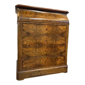 Antique 19th Century Burlwood Dresser With Four Drawers and Bar Top and Patina Glass With Key