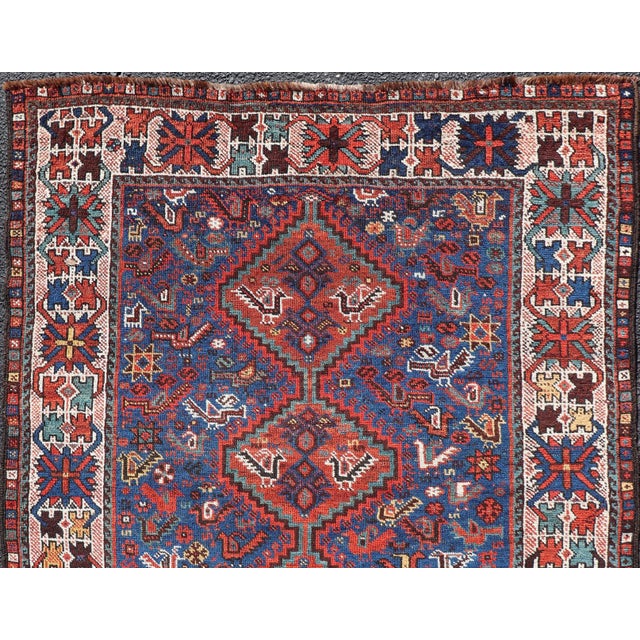Early 20th Century Antique Persian Shiraz Rug With Indigo Field and Diamond Medallions For Sale - Image 5 of 12