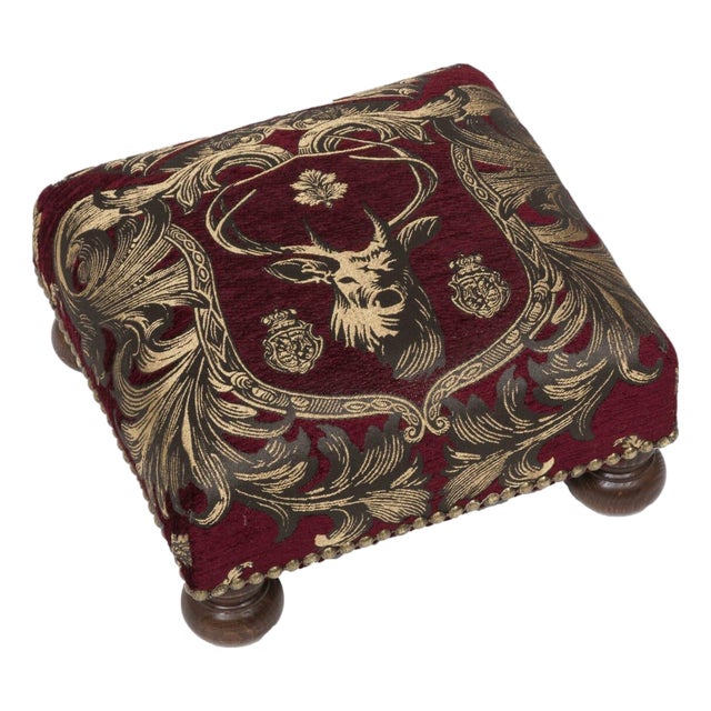 Regal Stag Red Tapestry Footstool For Sale