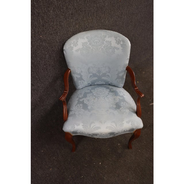 Queen Anne Mahogany Blue Damask Open Arm Chair For Sale - Image 4 of 7