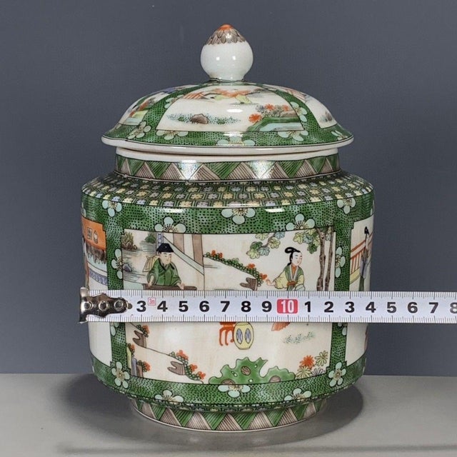Chinese Vintage Chinese Green Ground Famille Rose "Figural" Covered Jar With Old Museum Label For Sale - Image 3 of 9